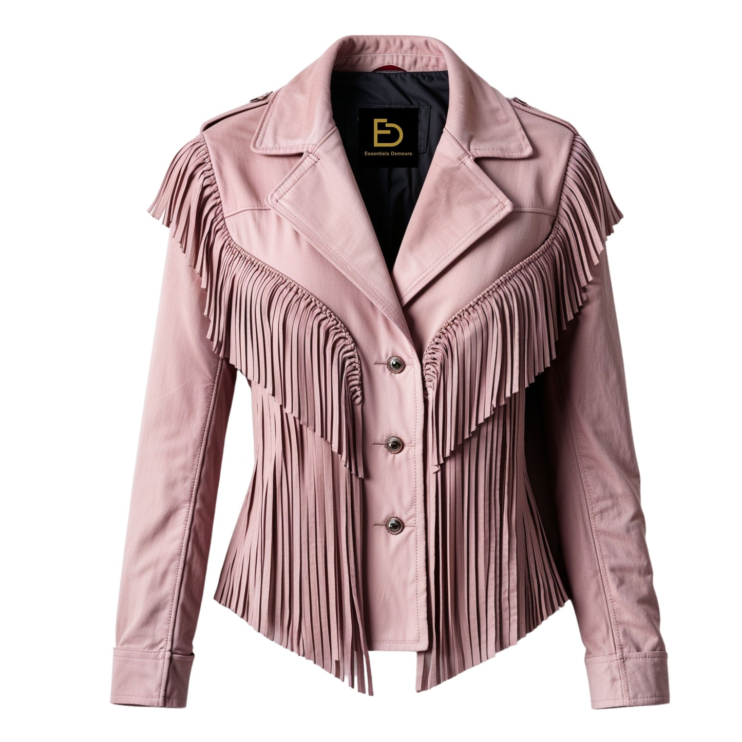 Dusty Pink Real Leather Fringe Jacket – Western Style Button Front Lapel