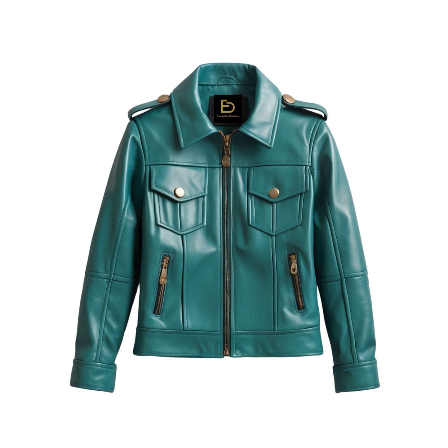 Teal Real Leather Trucker Jacket: Zip Front, Slim Fit, Utility Pockets