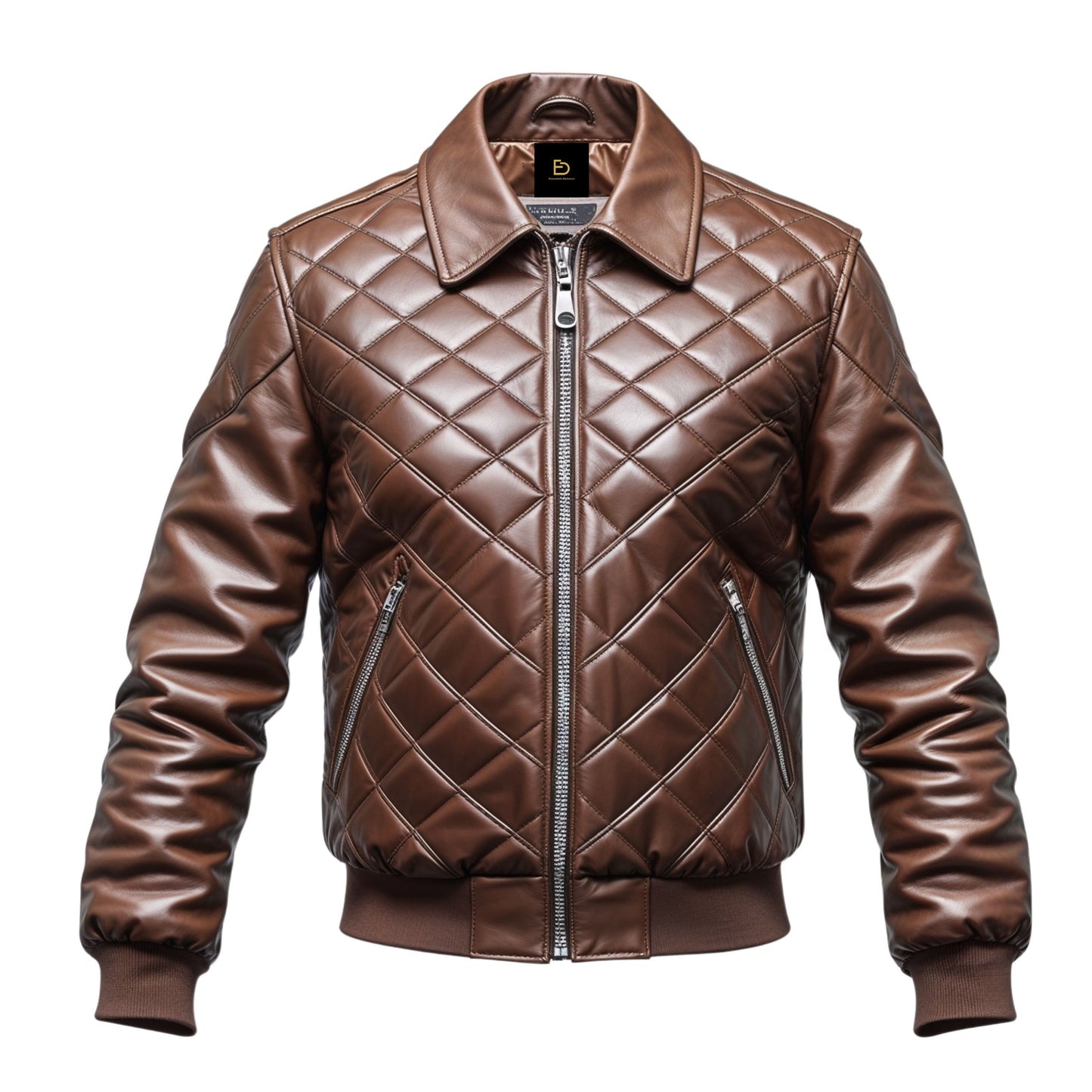 Men's Quilted Brown Leather Bomber Jacket – Classic Zipper Outerwear