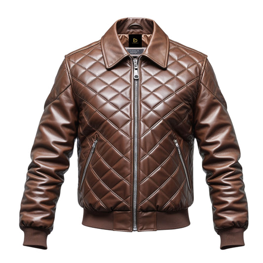 Men's Quilted Brown Leather Bomber Jacket – Classic Zipper Outerwear