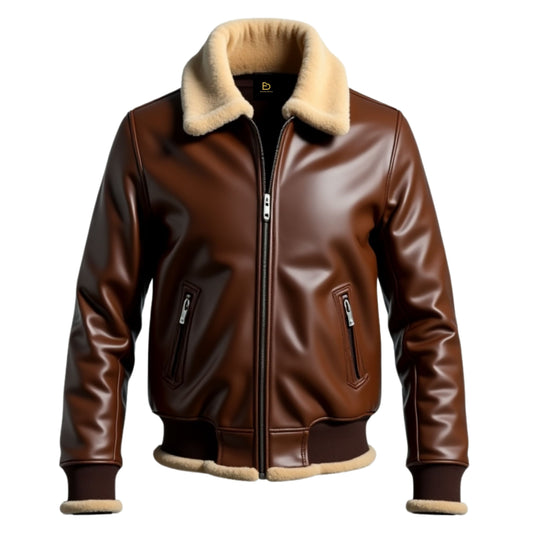Men's Brown Real Leather Aviator Bomber Jacket with Shearling Collar