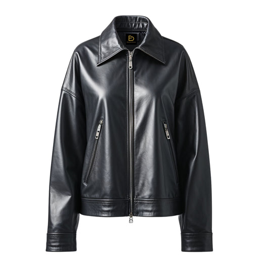 Black Leather Cropped Jacket: Relaxed Fit, Shirt Collar Streetwear Style (Copy)