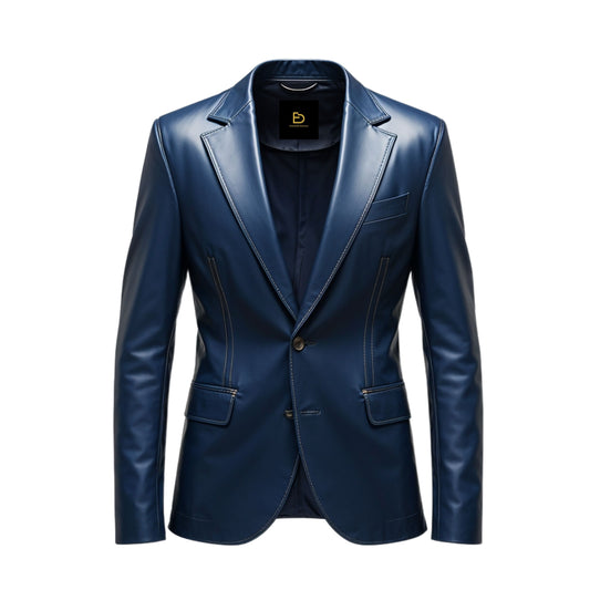 Men's Navy Blue Leather Blazer: Modern Tailored Fit, Notch Lapel, Formal Style