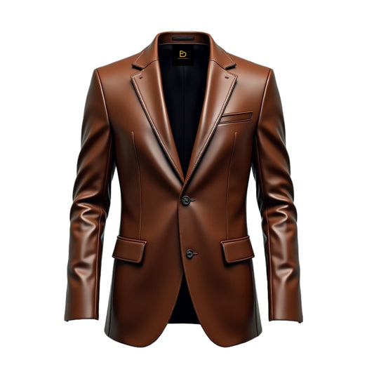 Men's Brown Leather Blazer: Classic Two-Button Tailored Fit Formal Wear