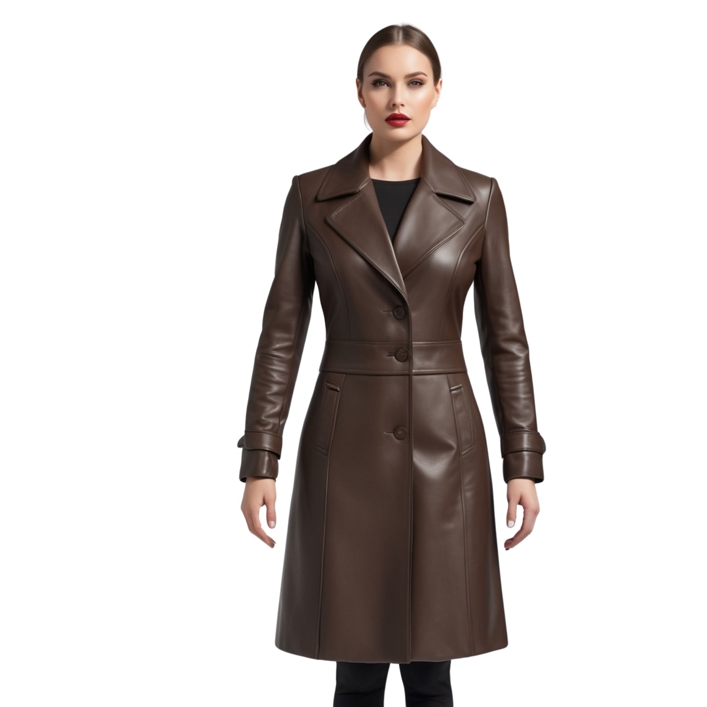 Womens Brown Real Leather Trench Coat Longline Button Front Lapel Tailored Waist Luxury Outerwear