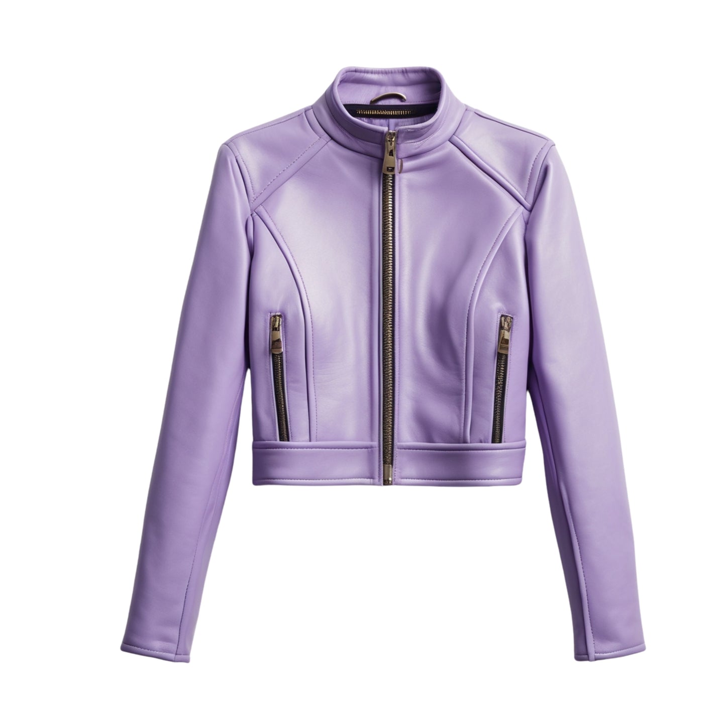 Womens Lavender Purple Leather Cropped Moto Jacket – Slim Fit Fashion Coat
