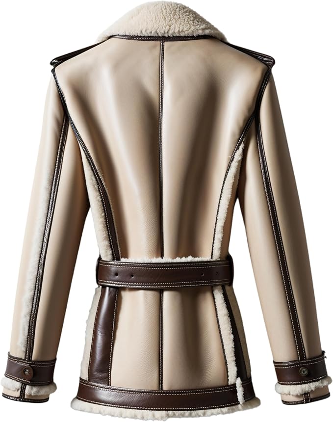 Luxury Beige Brown Real Leather Shearling Jacket Men Wide Lapel Belted Waist Soft Lining Winter Fashion