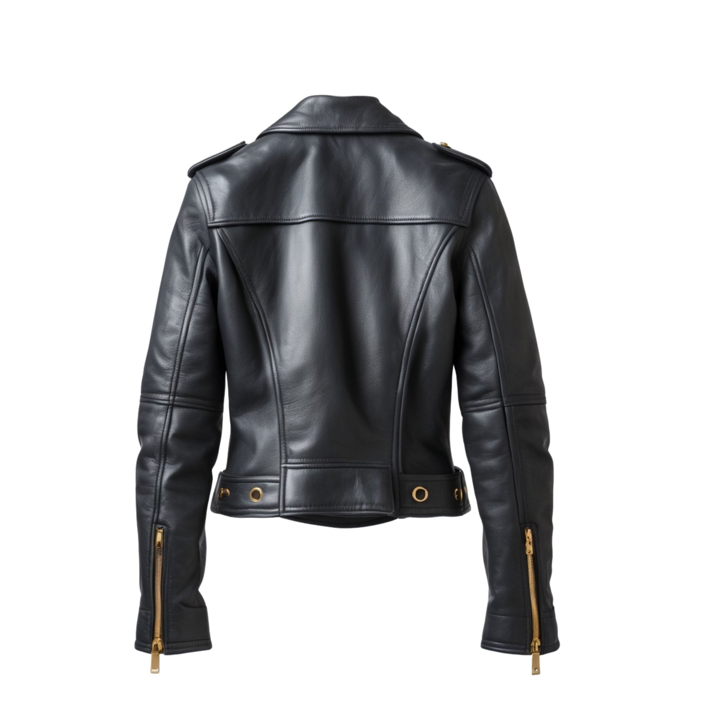 Women's Black Leather Cropped Biker Jacket with Gold Hardware