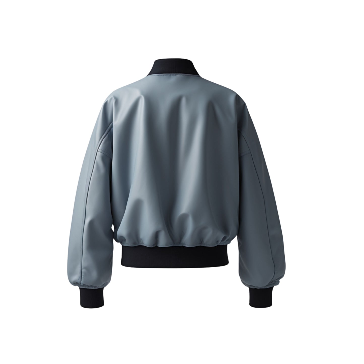 Grey Real Leather Cropped Bomber Flight Jacket with Black Ribbed Details