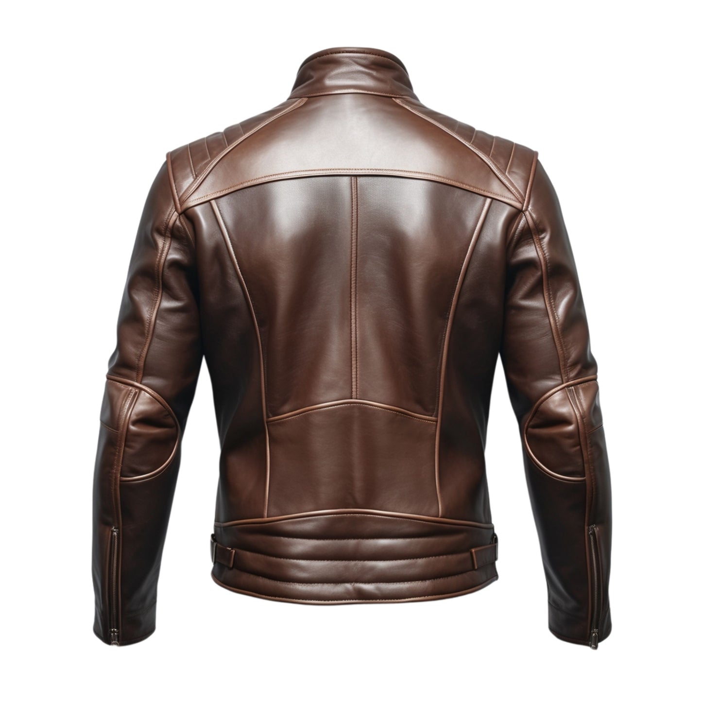 Men's Brown Real Leather Biker Jacket: Stand Collar, Four Zipper Pockets