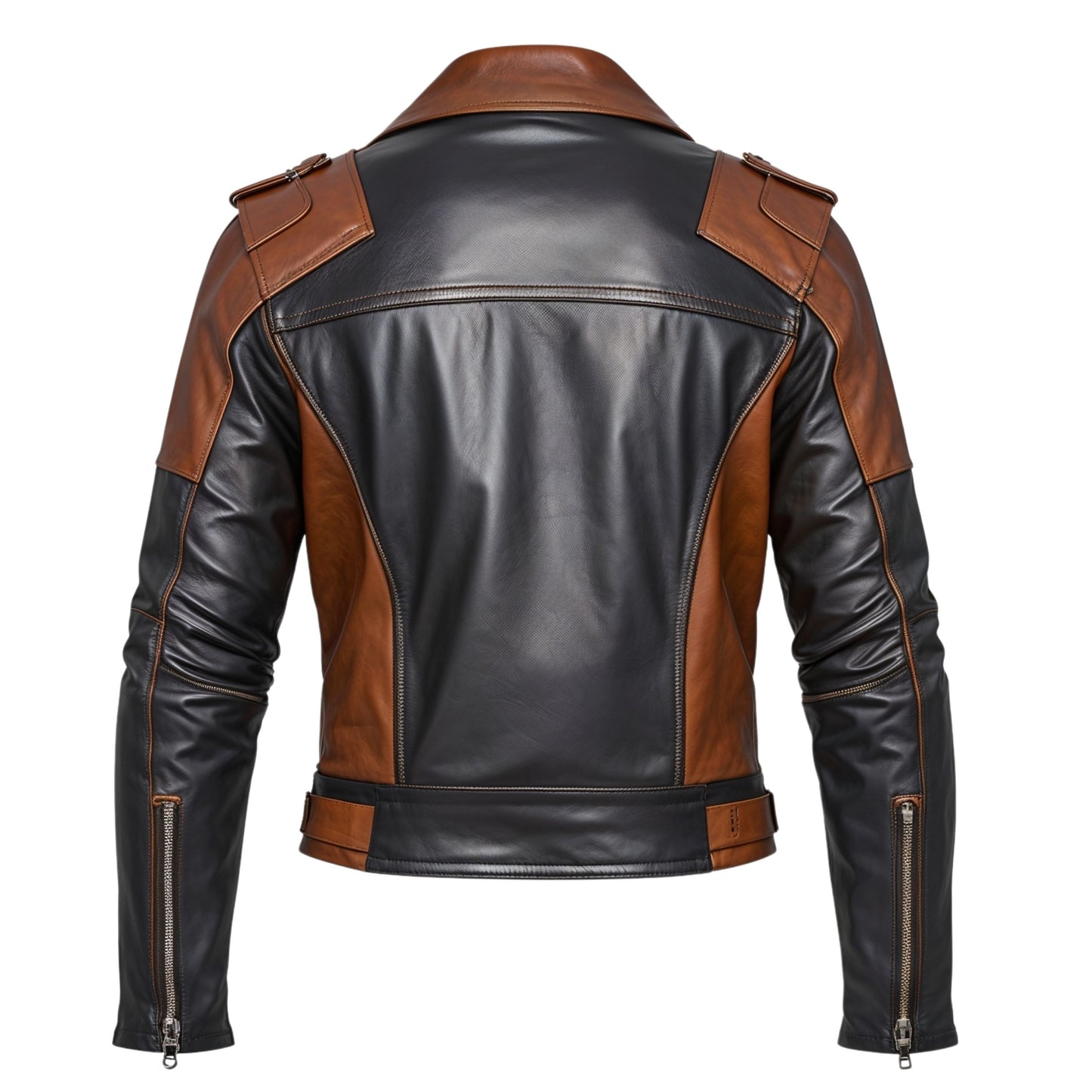 Men's Color-Blocked Leather Biker Jacket: Black, Brown, Lapel Collar, Zipper Pockets