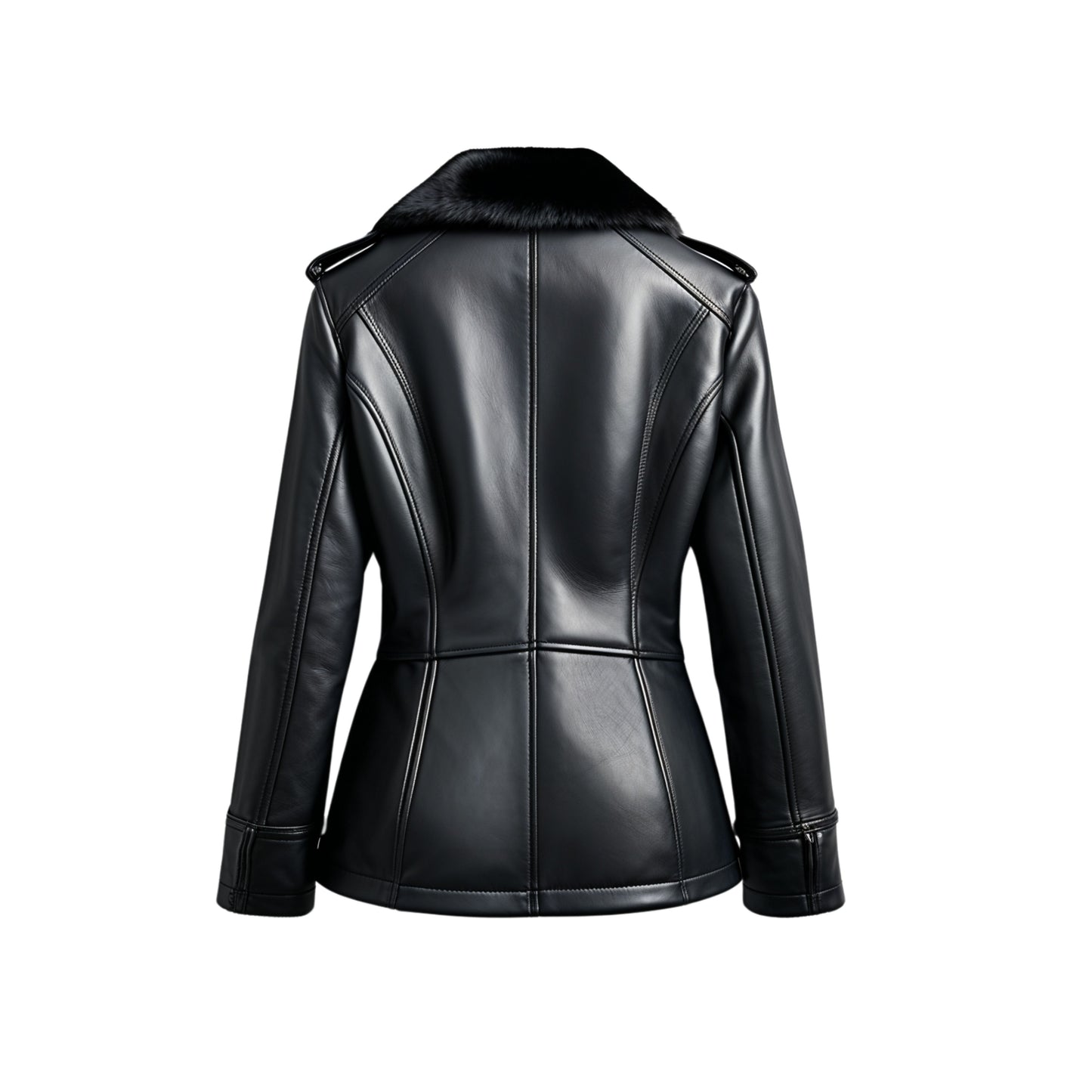 Women's Black Leather Peacoat Jacket with Plush Fur Collar, Double Breasted Buttons