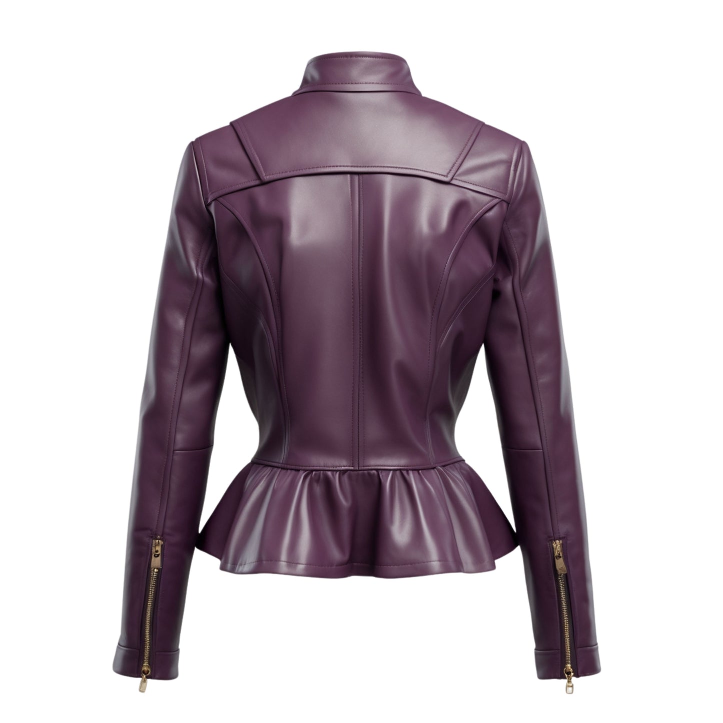 Plum Purple Real Leather Peplum Moto Jacket – Slim Fit Stand Collar Fashion Wear