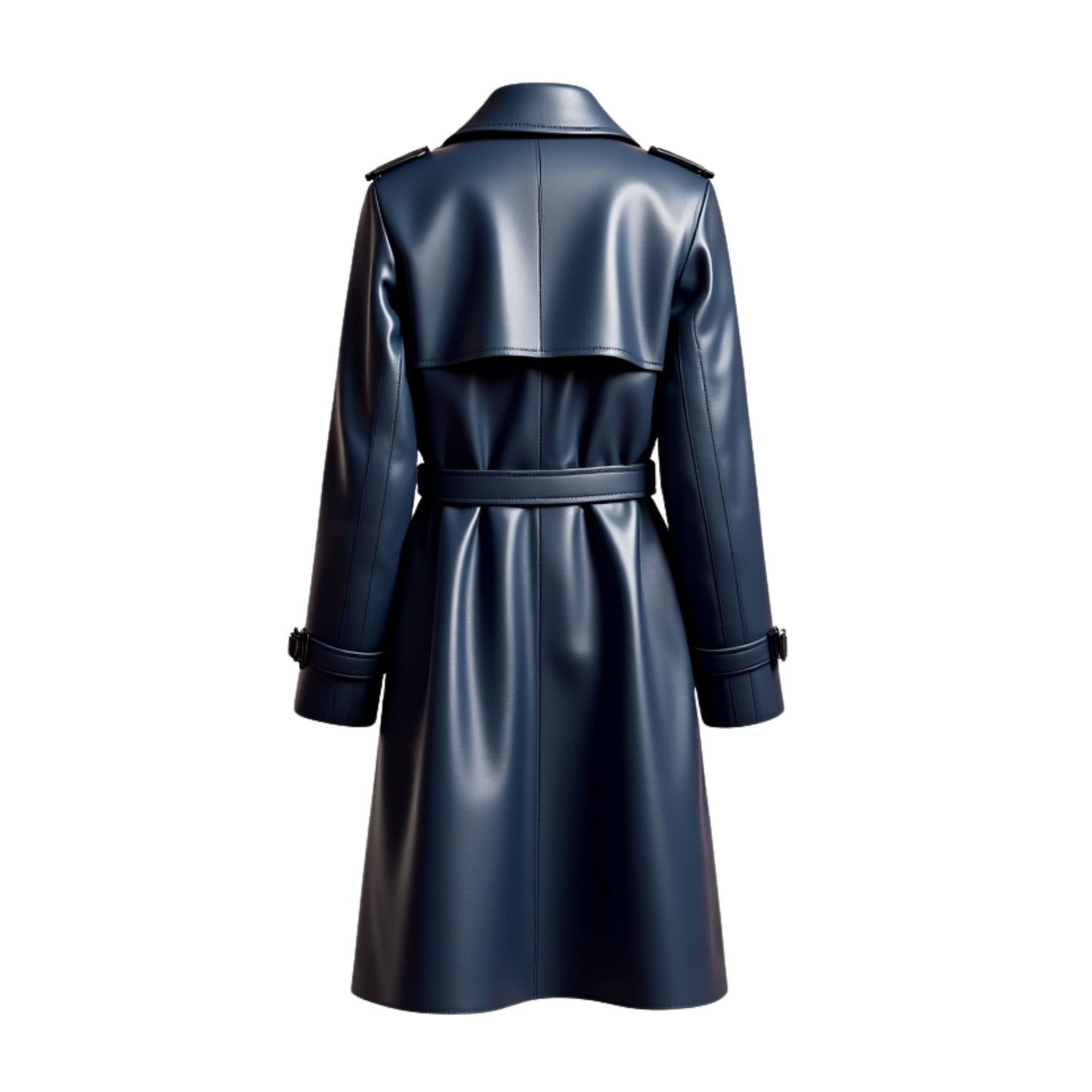 Navy Blue Real Leather Trench Coat Women's Double Breasted Classic Overcoat