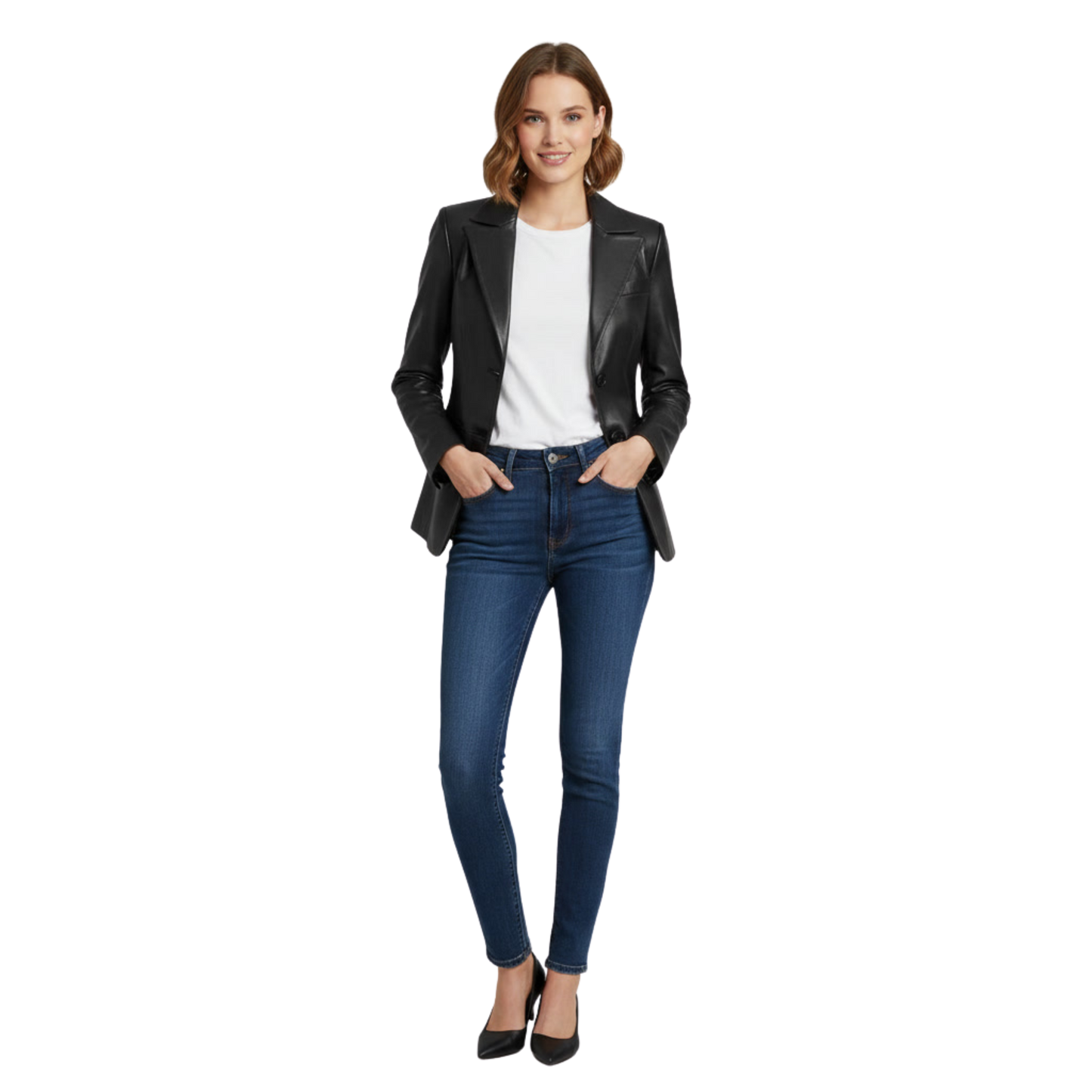 Women's Black Leather Blazer, Tailored Fit, Two-Button Notch Lapel