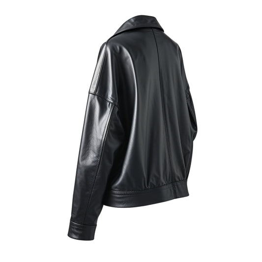Black Leather Cropped Jacket: Relaxed Fit, Shirt Collar Streetwear Style (Copy)