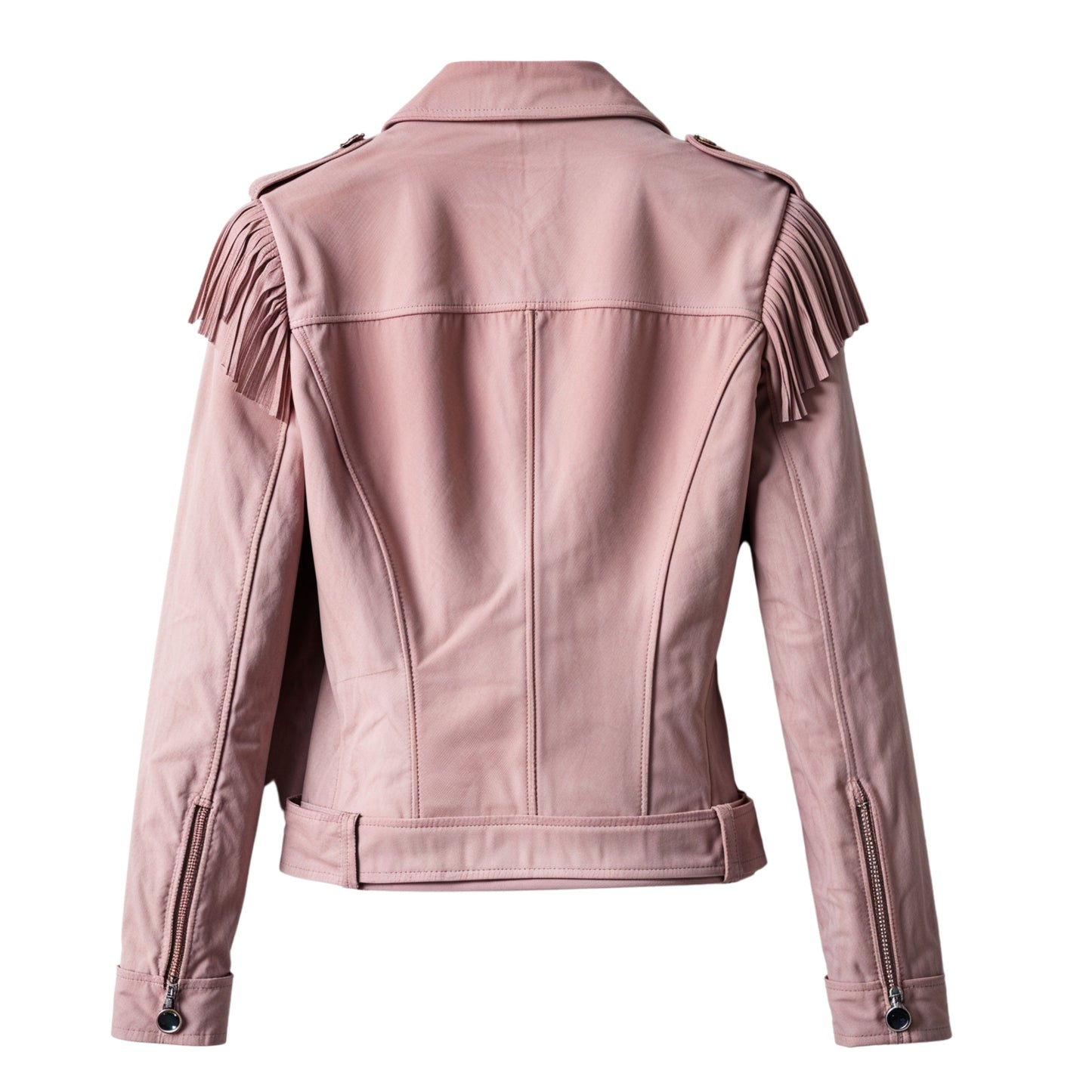 Dusty Pink Real Leather Fringe Jacket – Western Style Button Front Lapel
