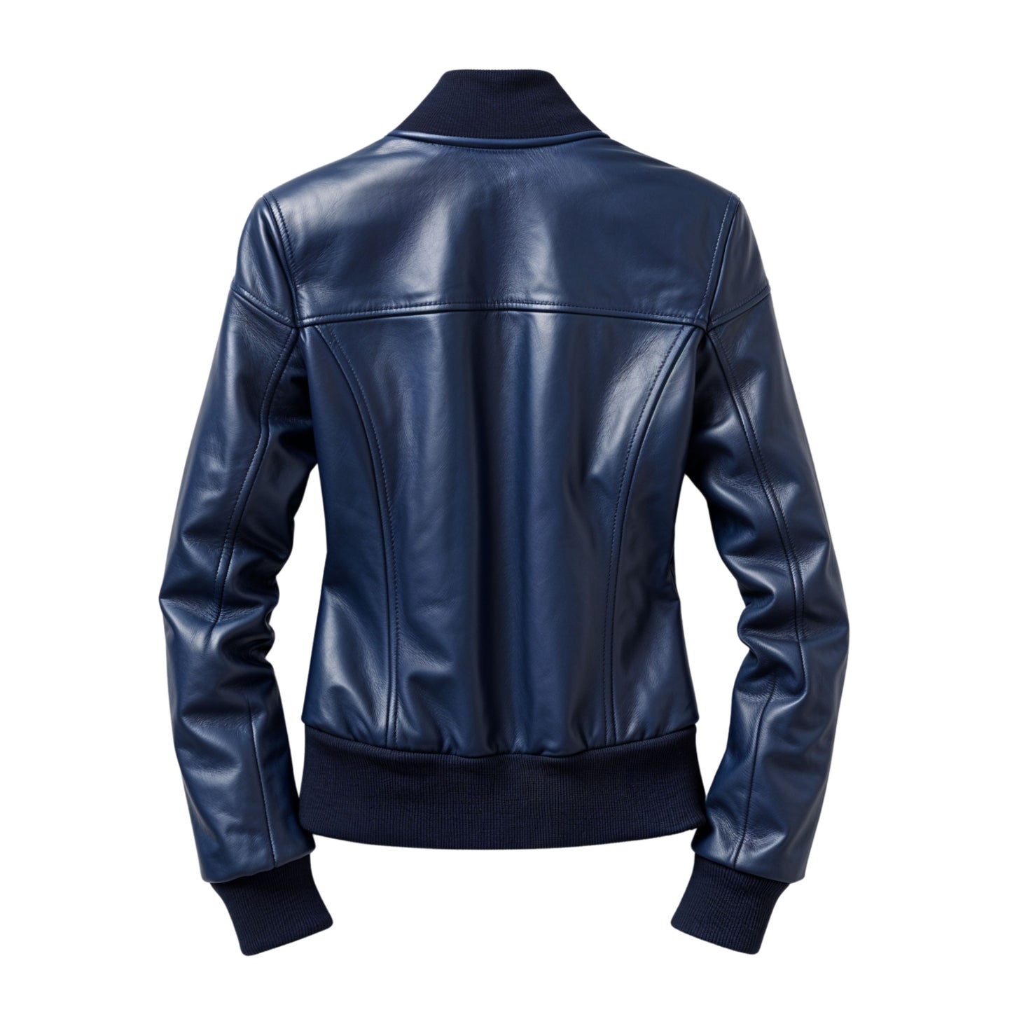 Navy Blue Leather Bomber Jacket: Ribbed Collar, Cuffs, Zip Front Slim Fit Moto Coat