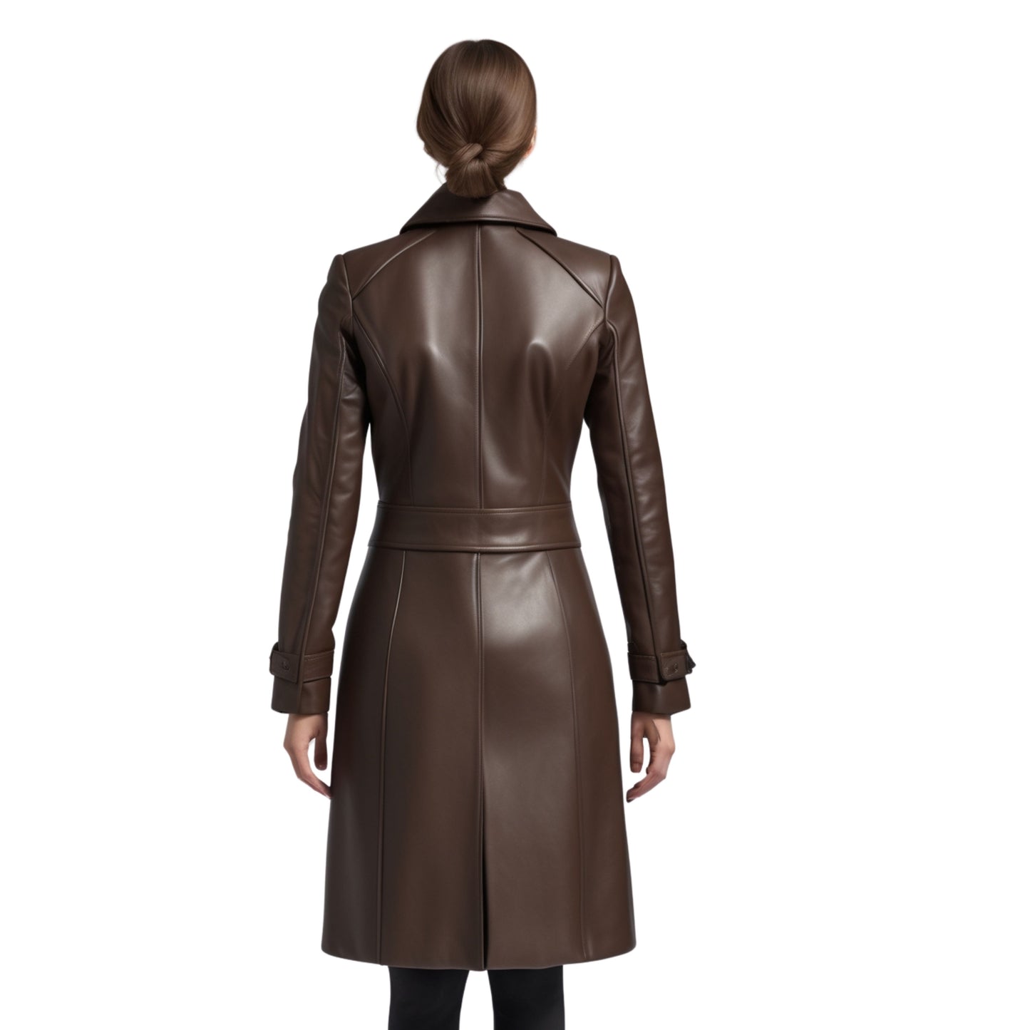 Womens Brown Real Leather Trench Coat Longline Button Front Lapel Tailored Waist Luxury Outerwear