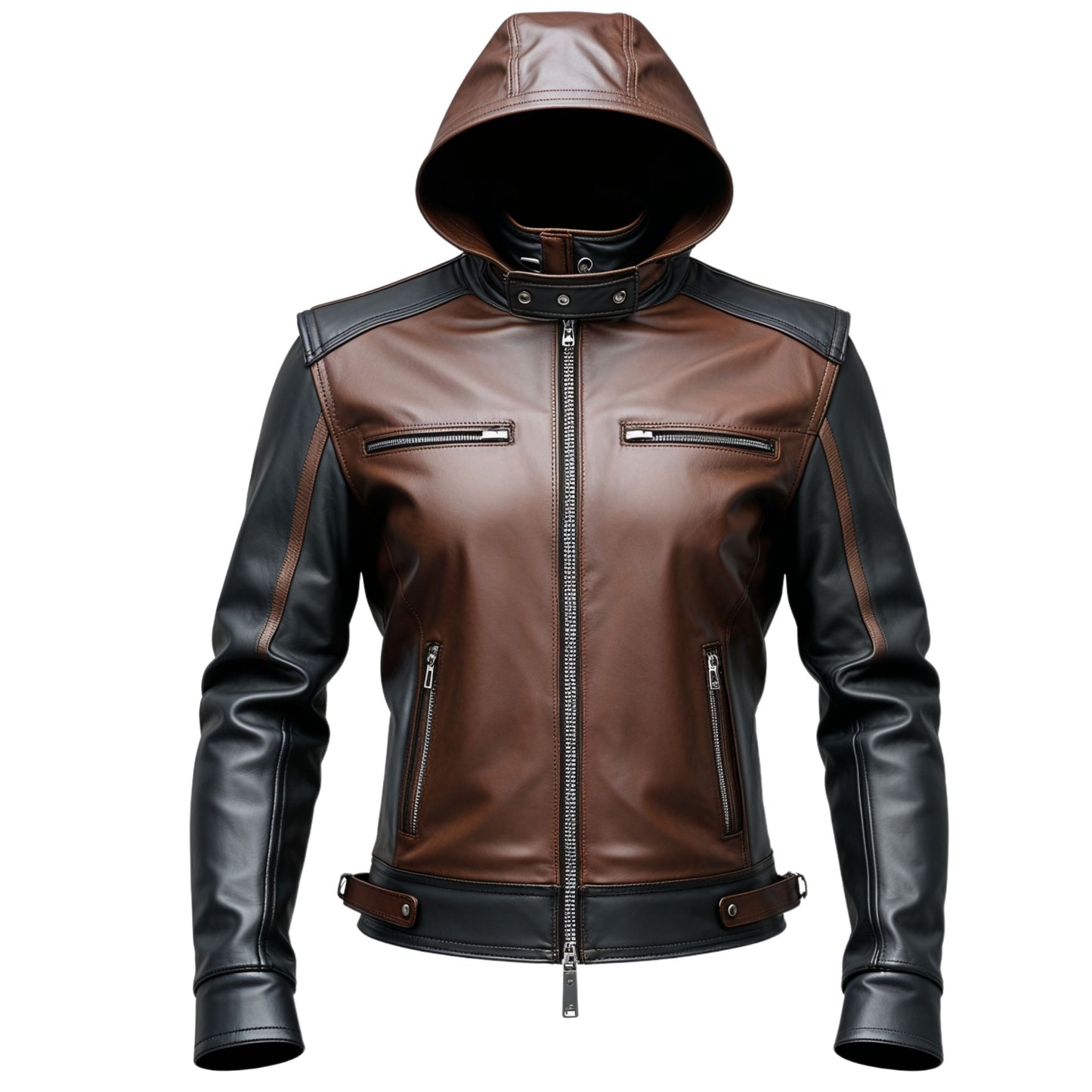 Two-Tone Leather Biker Jacket with Removable Hood – Moto Streetwear Style