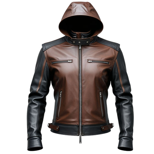 Two-Tone Leather Biker Jacket with Removable Hood – Moto Streetwear Style