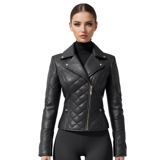 Black Quilted Diamond Real Leather Moto Biker Jacket Slim Fit Asymmetric Zip Outerwear