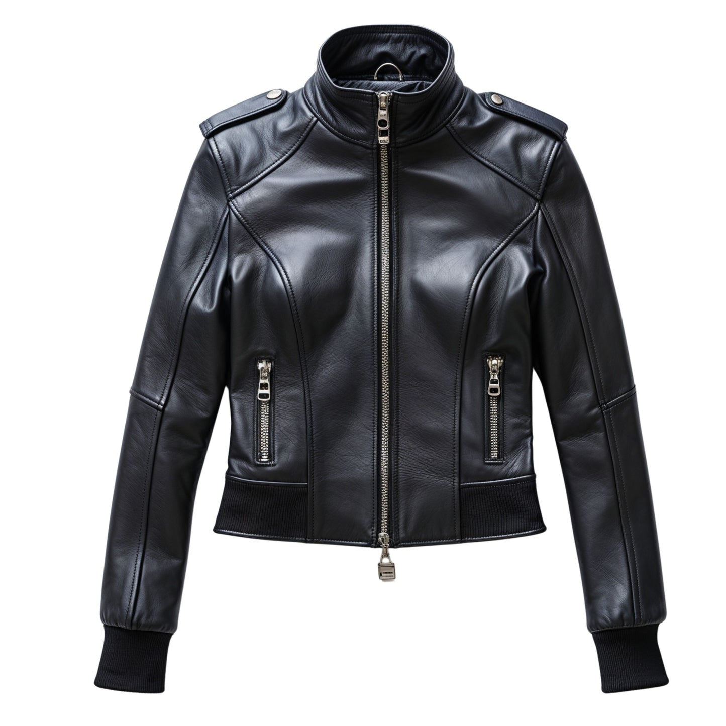 Women's Black Leather Bomber Jacket – Ribbed Collar, Cuffs, Zip Front