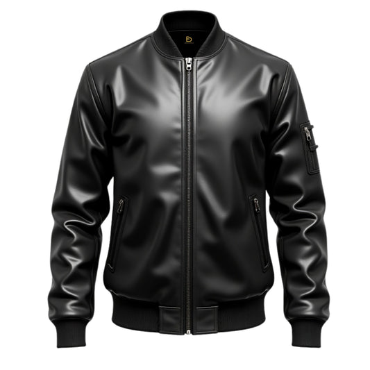 Men's Black Real Leather Bomber Jacket: Slim Fit, Zip Pockets, Ribbed Cuffs