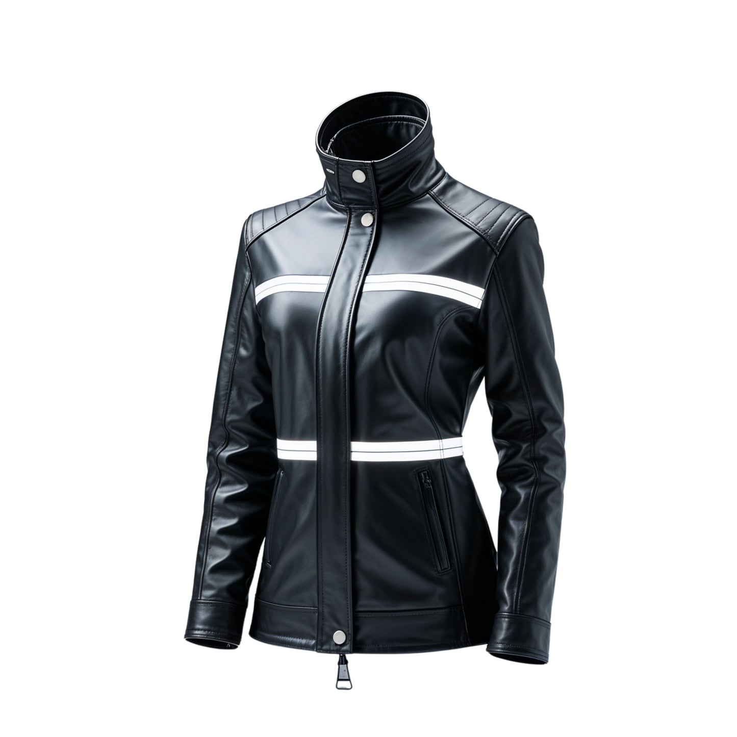 Women's Black Real Leather Racer Jacket with White Stripes, Slim Moto Style Coat
