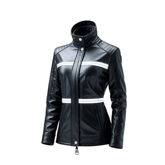 Women's Black Real Leather Racer Jacket with White Stripes, Slim Moto Style Coat