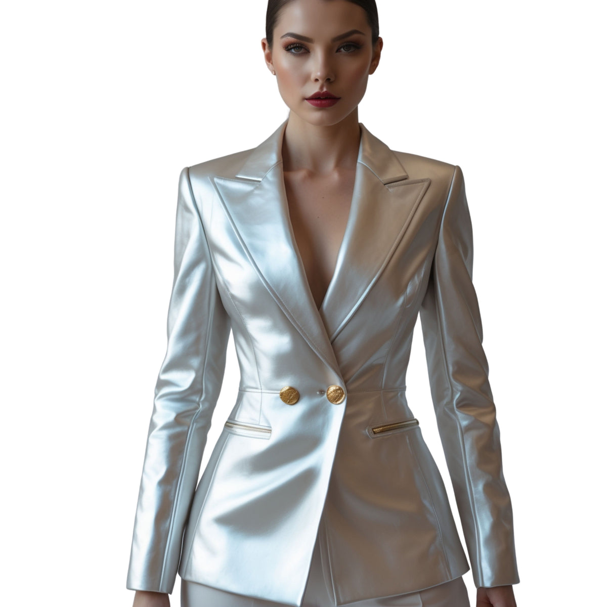 Womens Silver Metallic Real Leather Blazer Jacket Gold Button Fitted Tailored Luxury Evening Coat