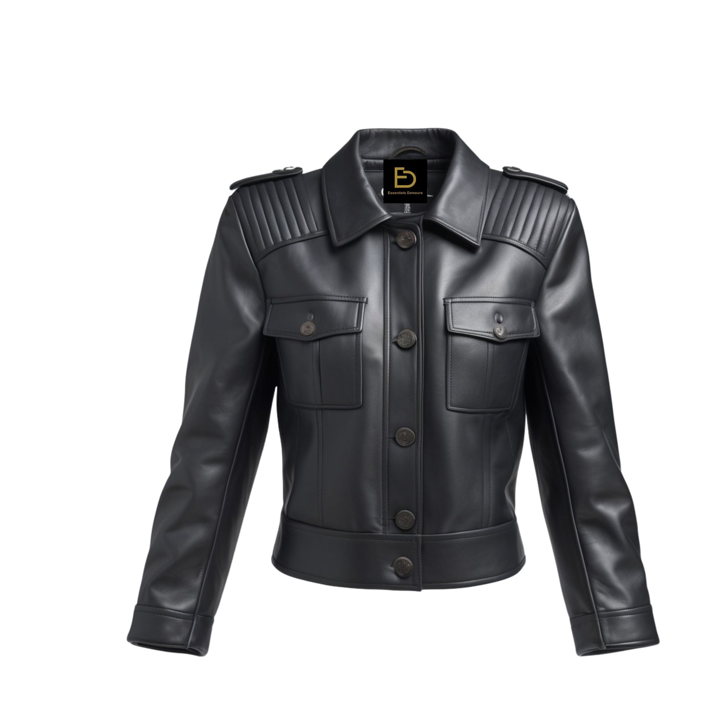 Black Real Leather Cropped Military Jacket with Quilted Shoulders
