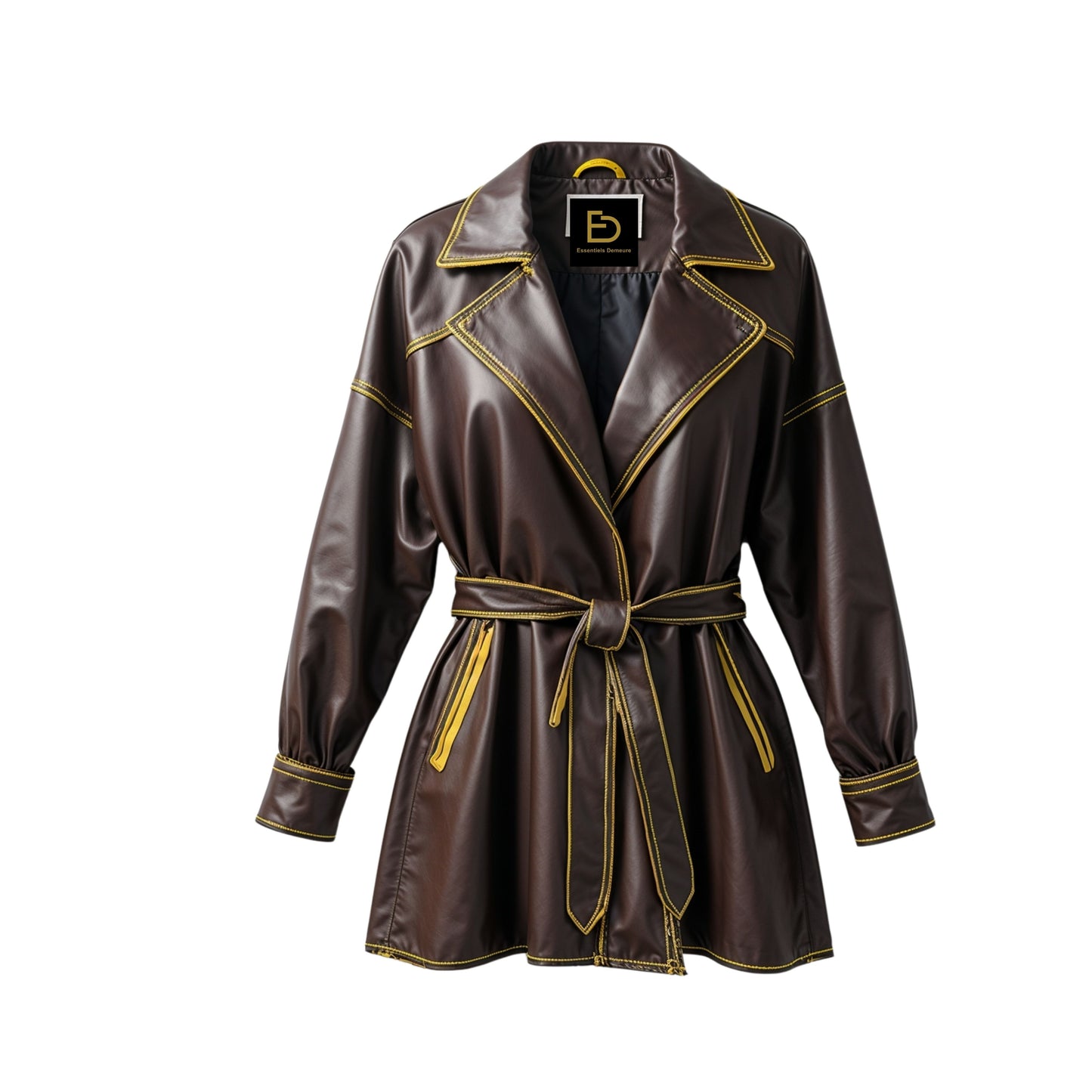 Dark Brown Leather Wrap Trench Coat: Yellow Stitch Detail, Belted City Outerwear