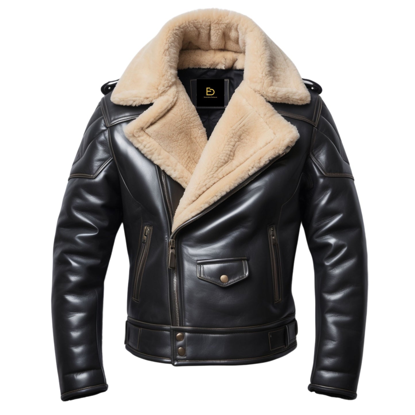 Men's Black Real Leather Biker Jacket with Faux Shearling Collar for Winter Motorcycle Riding