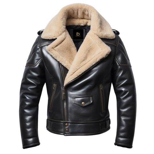 Men's Black Real Leather Biker Jacket with Faux Shearling Collar for Winter Motorcycle Riding