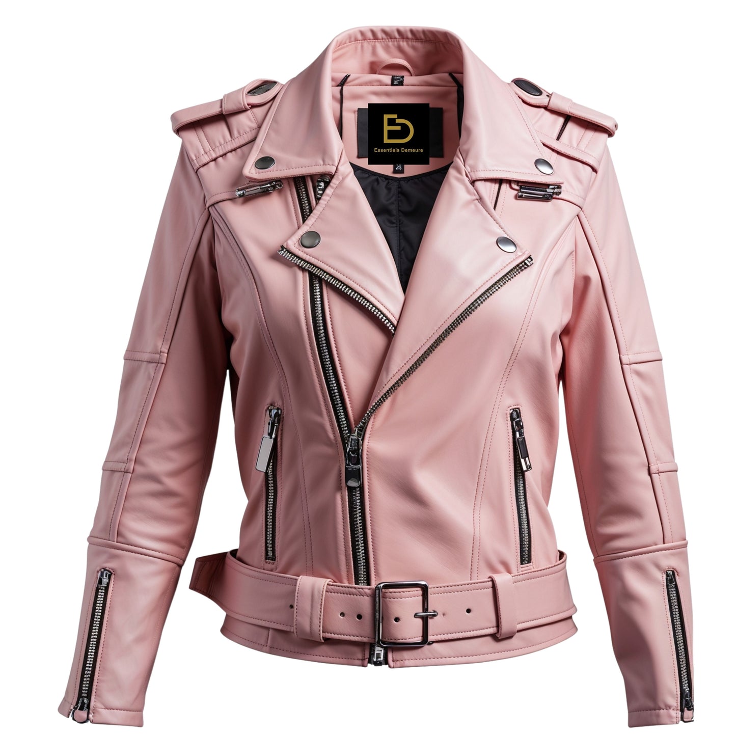 Dusty Pink Leather Moto Jacket with Belted Waist and Quilted Sleeves