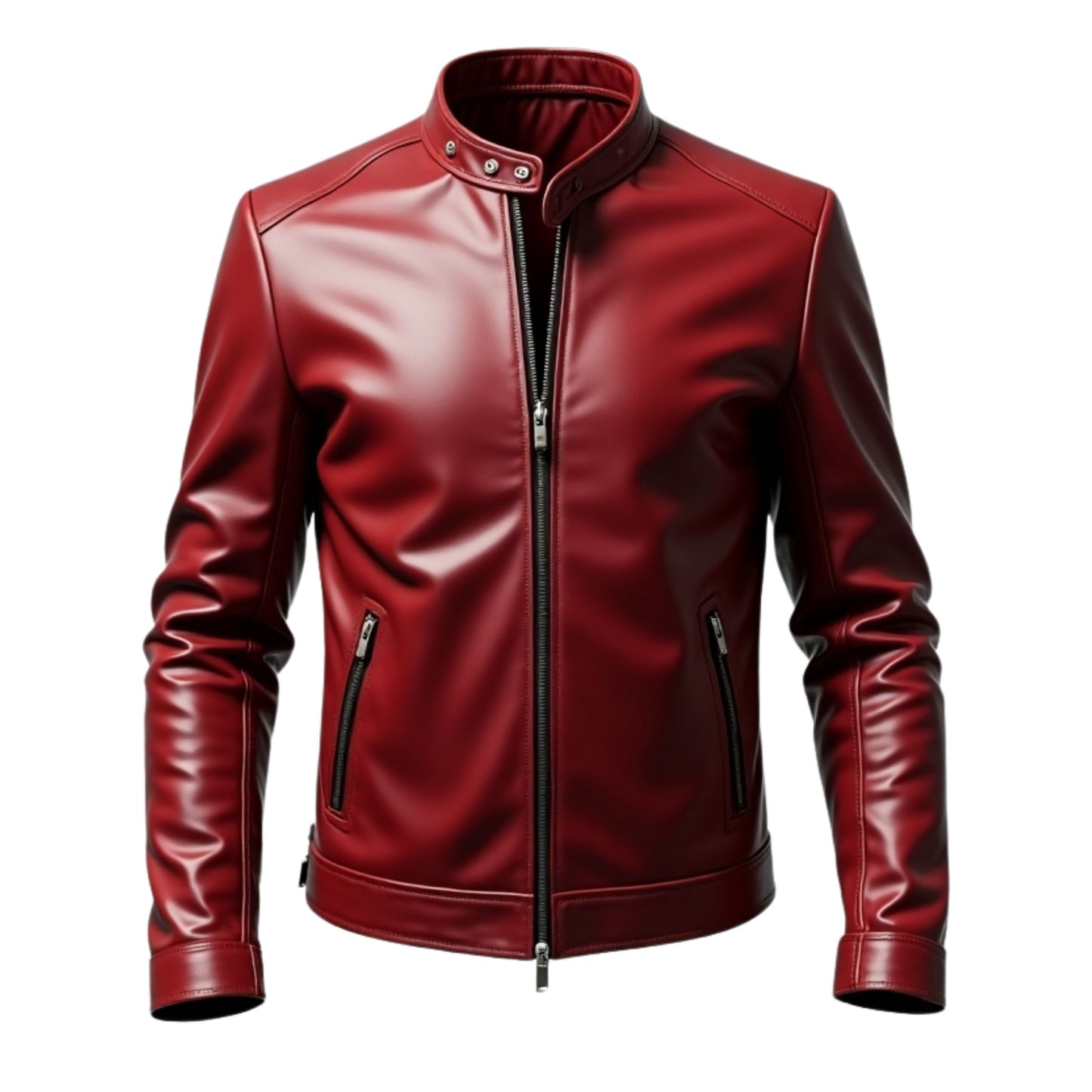 Men's Maroon Leather Biker Jacket with Stand Collar and Zipper Details