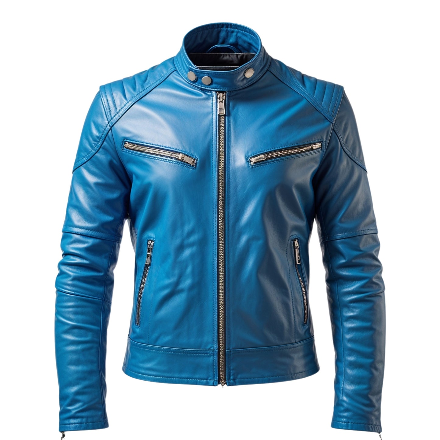 Men's Blue Real Leather Cafe Racer Jacket with Quilted Shoulders – Modern Moto Style