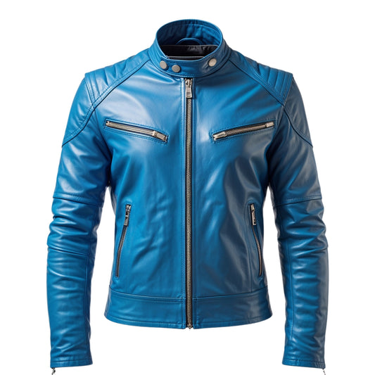 Men's Blue Real Leather Cafe Racer Jacket with Quilted Shoulders – Modern Moto Style