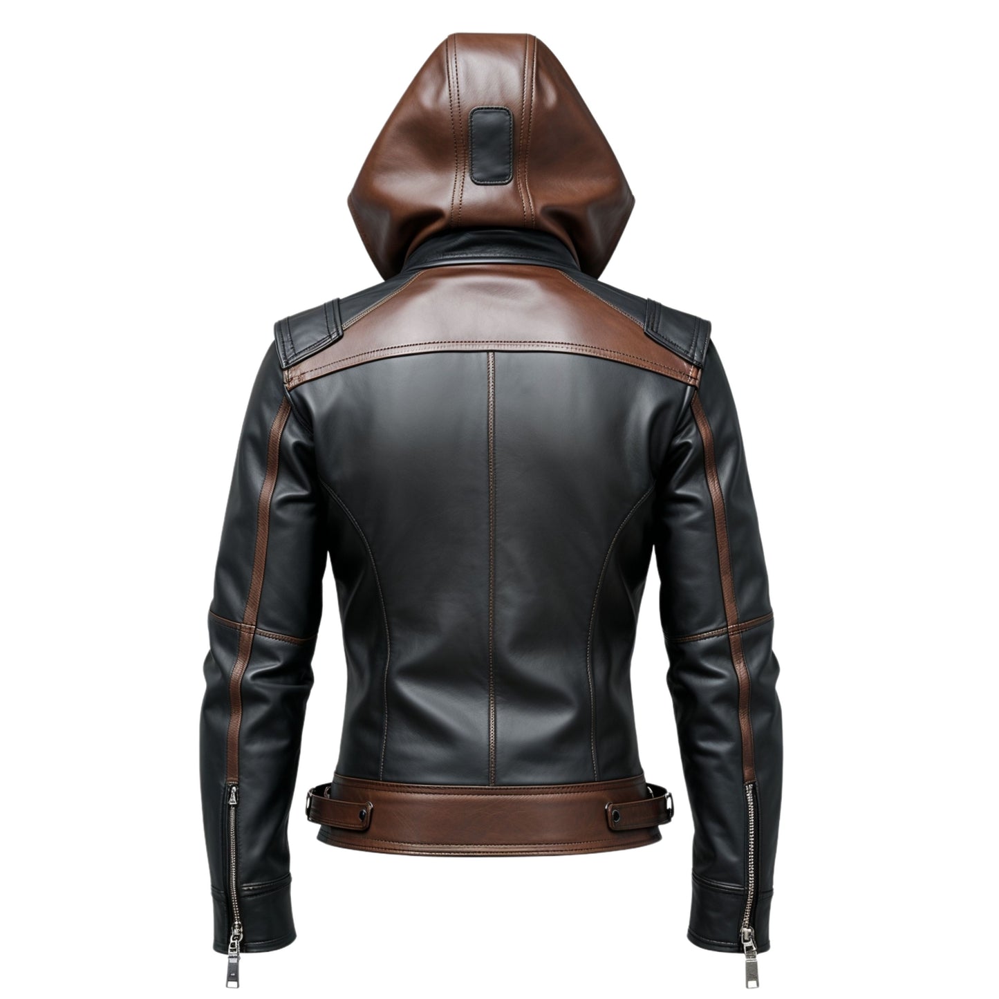 Two-Tone Leather Biker Jacket with Removable Hood – Moto Streetwear Style