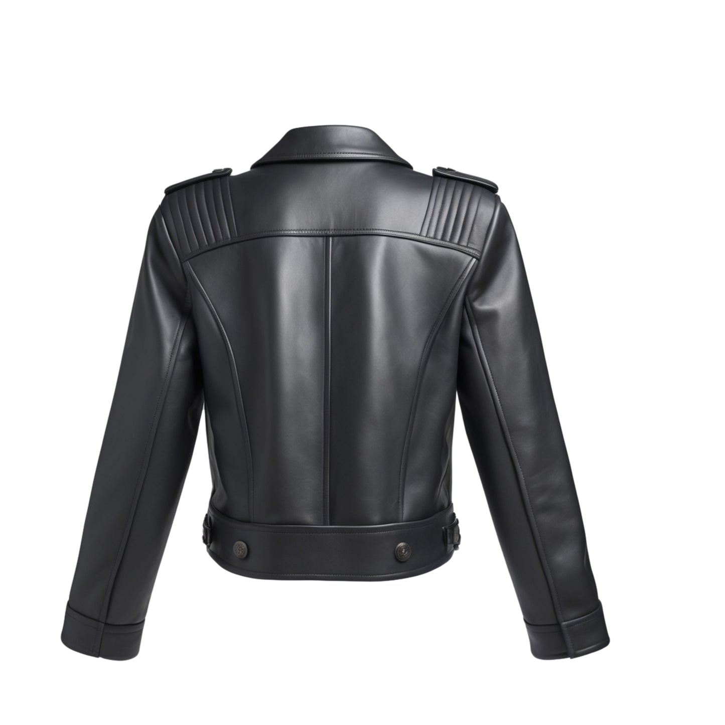 Black Real Leather Cropped Military Jacket with Quilted Shoulders