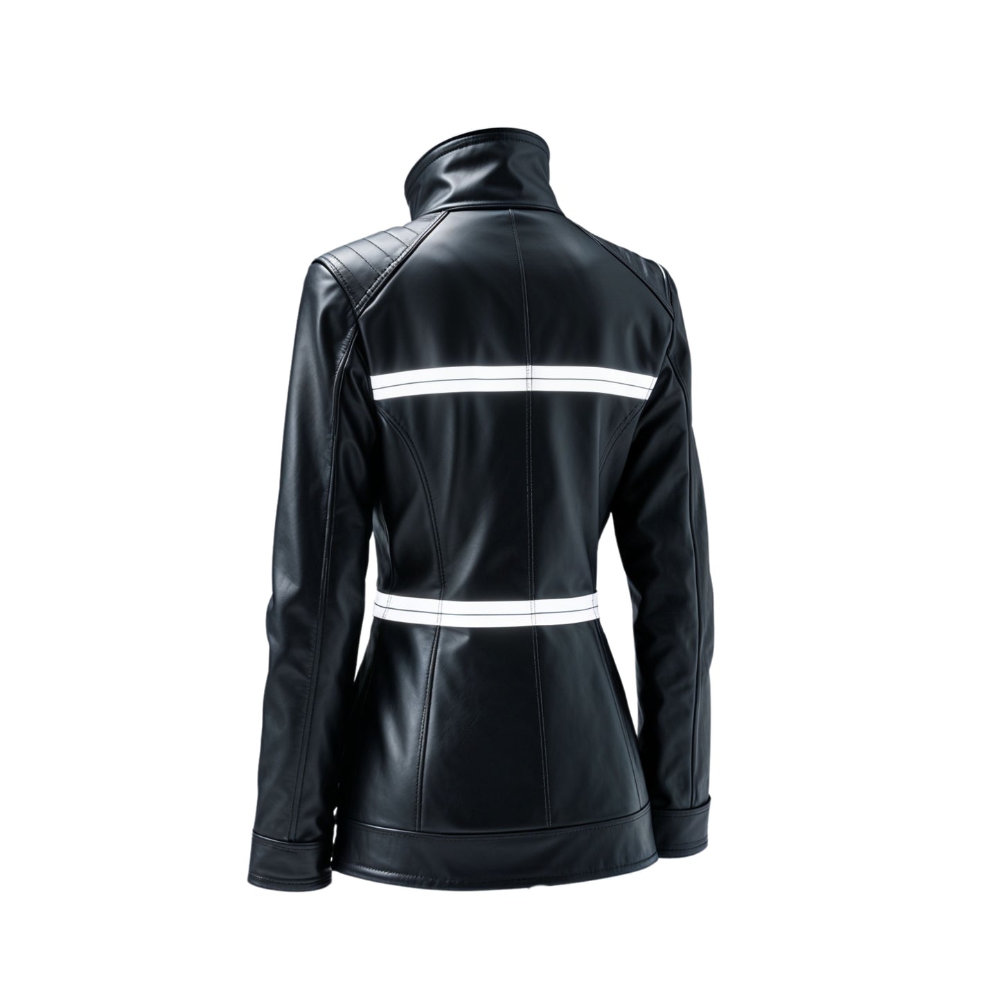 Women's Black Real Leather Racer Jacket with White Stripes, Slim Moto Style Coat