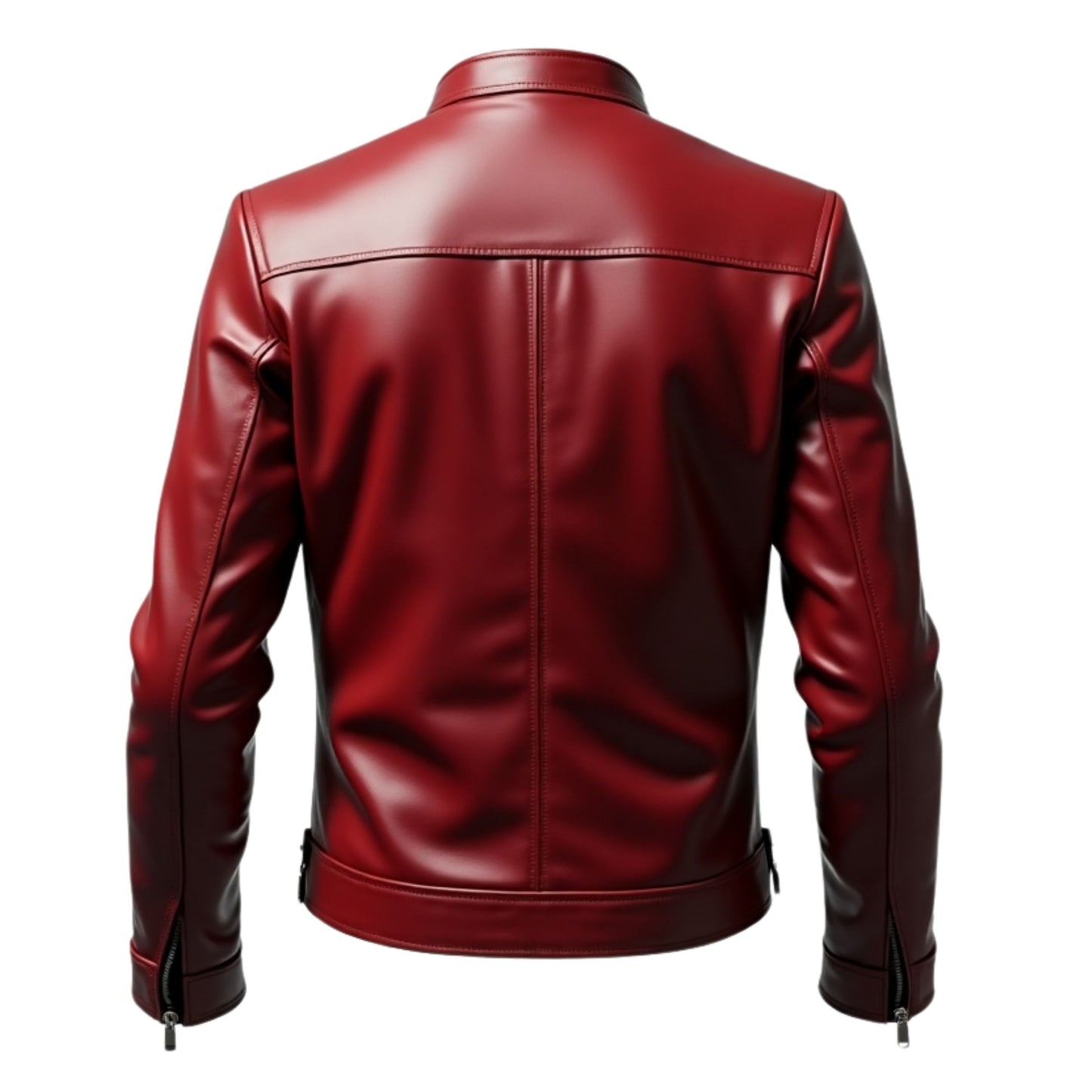 Men's Maroon Leather Biker Jacket with Stand Collar and Zipper Details