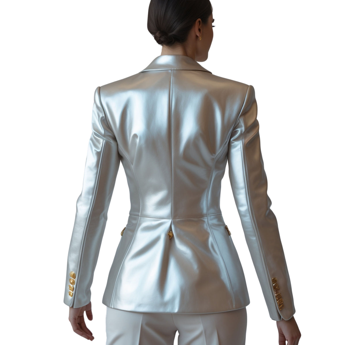 Womens Silver Metallic Real Leather Blazer Jacket Gold Button Fitted Tailored Luxury Evening Coat