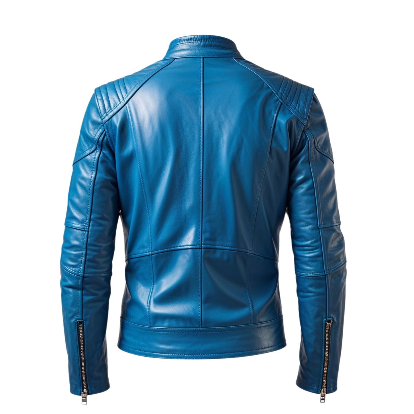 Men's Blue Real Leather Cafe Racer Jacket with Quilted Shoulders – Modern Moto Style