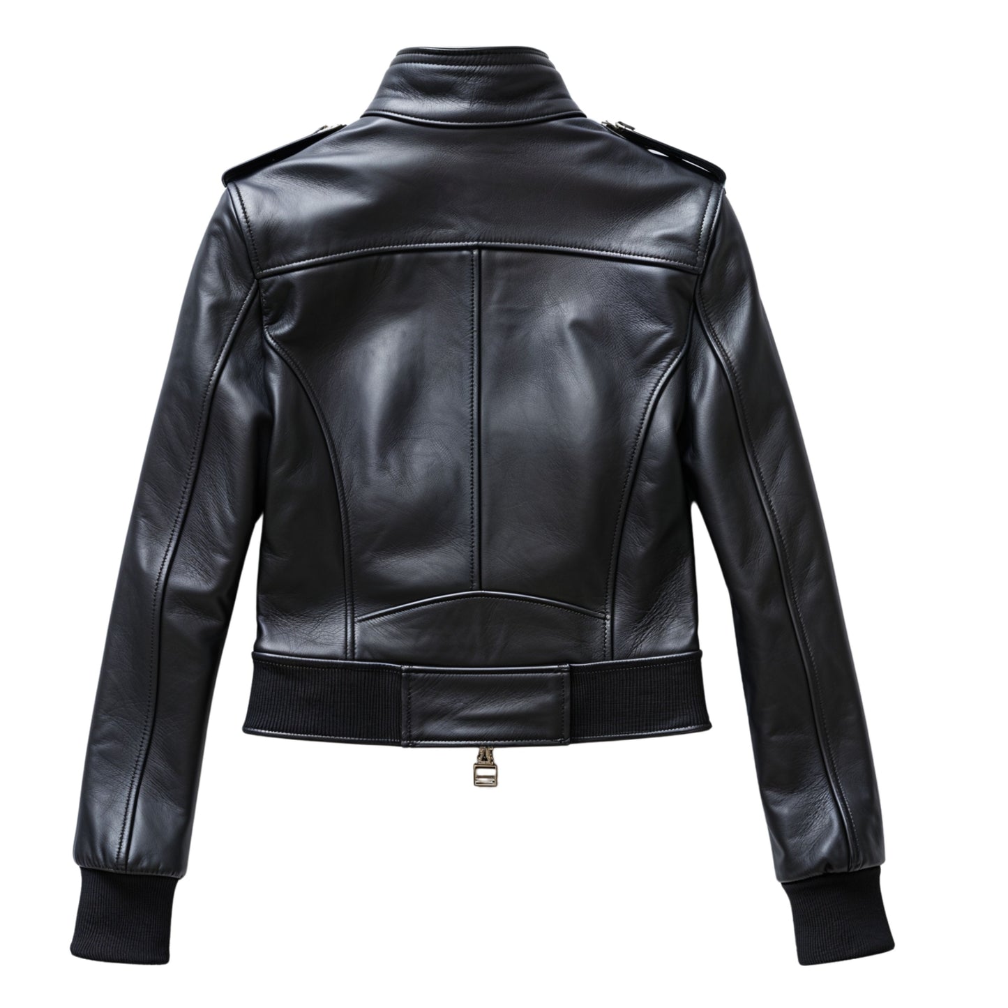 Women's Black Leather Bomber Jacket – Ribbed Collar, Cuffs, Zip Front