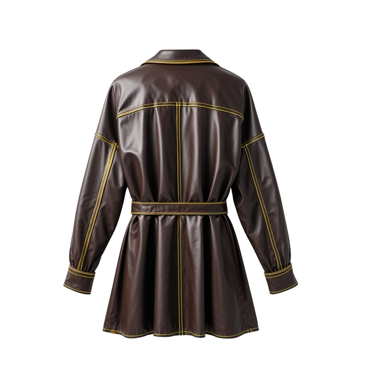 Dark Brown Leather Wrap Trench Coat: Yellow Stitch Detail, Belted City Outerwear
