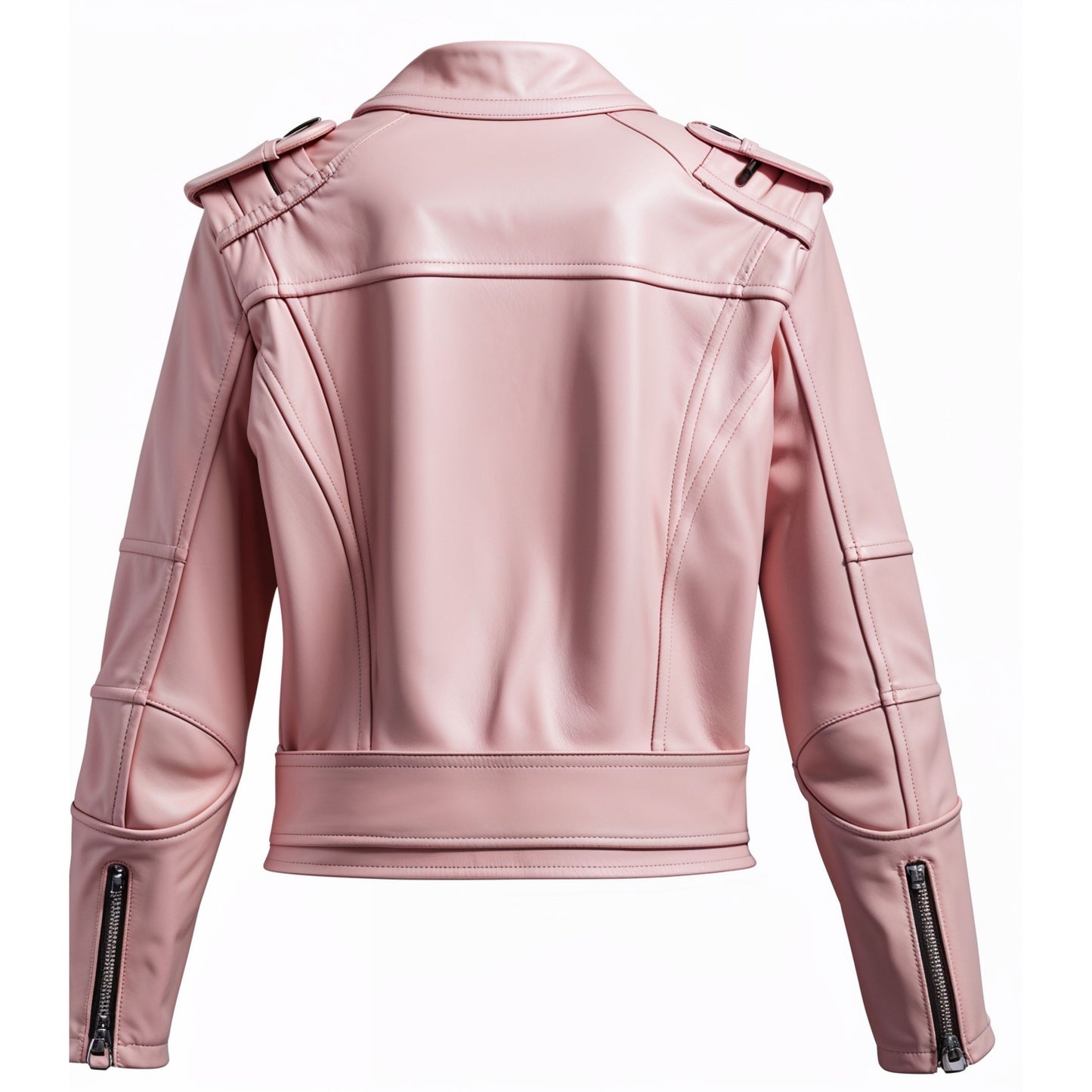Dusty Pink Leather Moto Jacket with Belted Waist and Quilted Sleeves