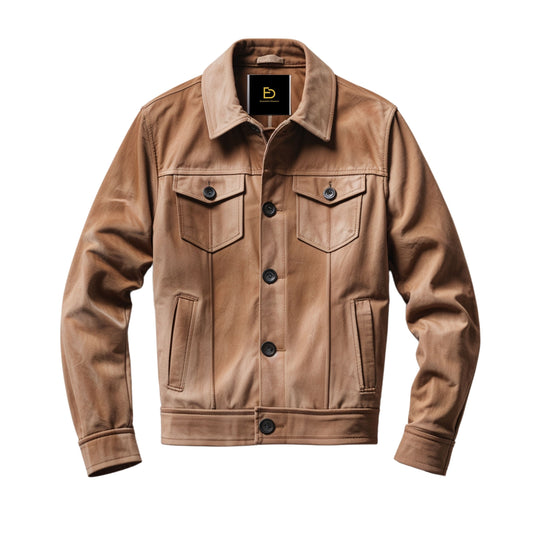 Tan Suede Trucker Jacket: Genuine Leather, Button Front, Classic Fit Menswear