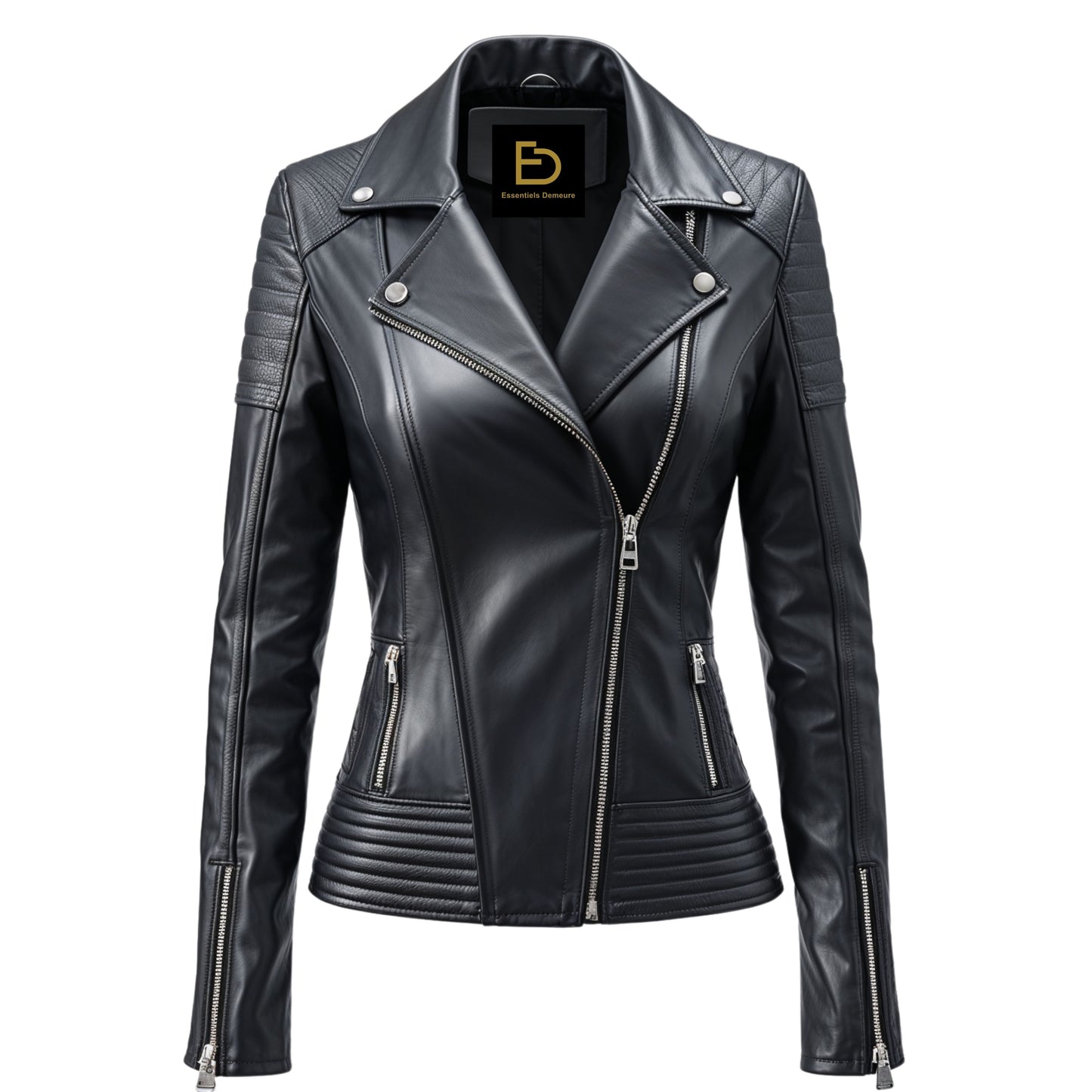 Womens Black Leather Biker Jacket: Quilted Panels, Silver Zippers, Lapel Collar